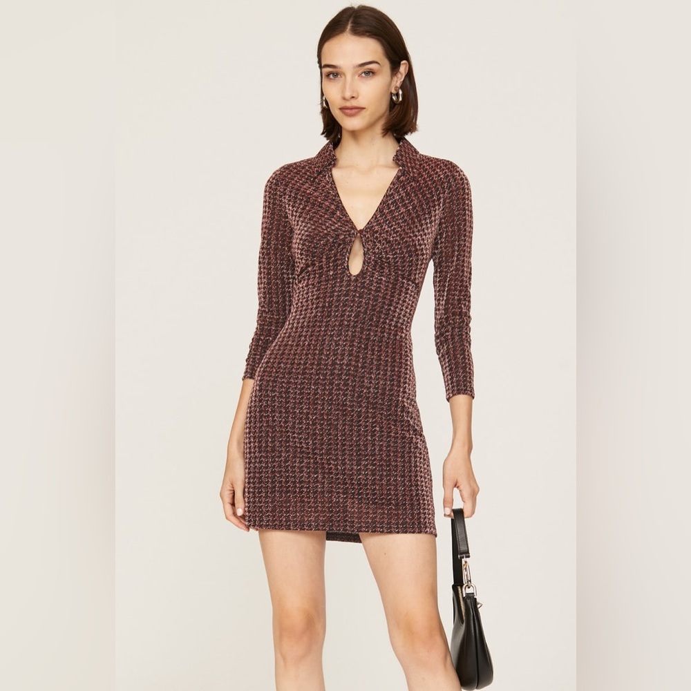 Astr Brown Ribbed Knit Dress with Open Front